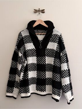 Anthropologie Slouchy Oversized Checkered Quarter Zip Sweater womens Small